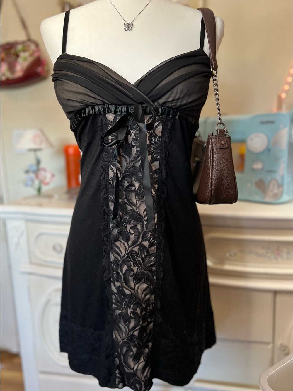 Y2k Vintage Soulmates Black Lace-Panel Slip Dress